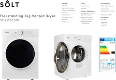 Solt SOLVTD3W Vented Tumble Dryer, 3Kg Capacity, White, 65 X 49 X 54 Cm