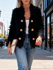 Women'S Elegant Fringed Cardigan Jacket Buttoned Neckline, Structured Silhouette with Fringed Hem Machine-Washable Autumn/Winter Outerwear Tailored Design