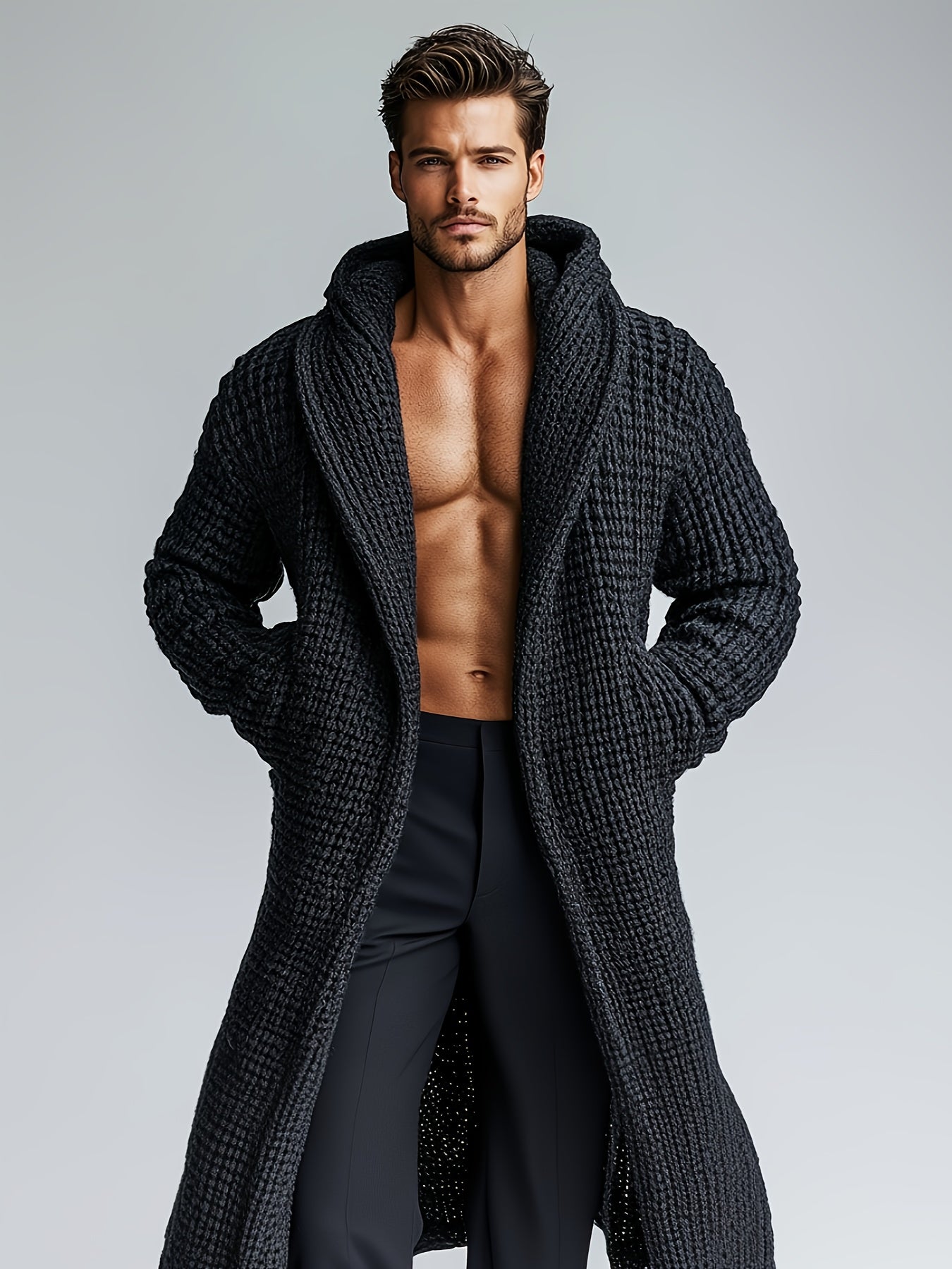 Men's Casual Sport Sweater, Long Hooded Knit Cardigan with Thick Yarn Knitting, Large Side Pockets, Loose Fit, Warm and Stylish, for a Casual and Stylish Look