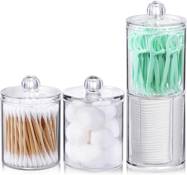 4 Pcs, Acrylic Qtip Holder Dispenser for Cotton Ball, Cotton Swab, Cotton round Pads, Floss - Clear Plastic Apothecary Jar Set for Bathroom Canister Storage Organization, Vanity Makeup Organizer