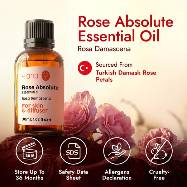 H'Ana Rose Essential Oil - 100% Pure and Natural Rose Oil for Face, Skin and Diffuser - with a Sweet, Fresh Scent, Smells like Fresh Roses - Symbolises Love and Beauty (30Ml)