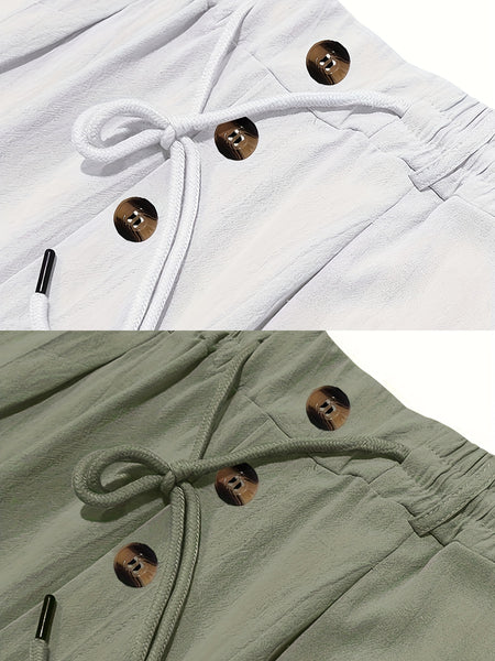 2pcs Men'S Linen Solid Color British Business Casual Straight Leg Pants with Drawstring Elastic Waistband And Button Design Casual Long Trousers Suitable for Outdoor Travel Fitness Exercise And Daily Wear Casual Outdoor Pants Linen Long Pants Lightw