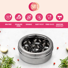 Masala Dabba (Spice Box) | Authentic Indian Style Stainless Steel Masala Dabba | with 7 Removable Compartments & 2 Spoons | See through Lid |