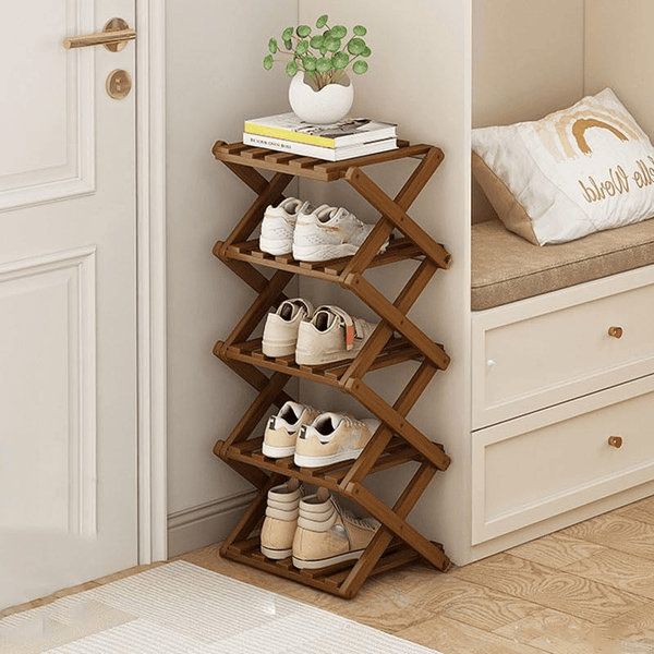 4/5/6/7 Tiers Bamboo Wooden Shoe Rack, Vertical Shoe Racks Storage Shelves Tall Shoe Tower, Collapsible Narrow Shoe Stand, Installation Free Folding X-Shape Shoe Racks Sneakers Slippers Holder Organizer, Multi Functional Shoe Rack Durable Footwear Cabinet