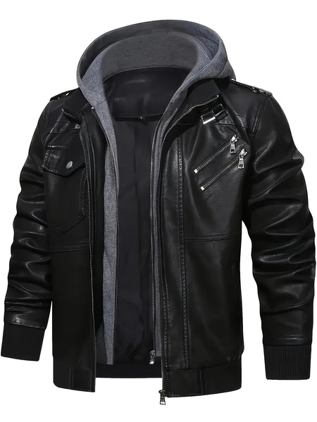 Men'S Black Hooded Jacket - Casual Style, Full-Zip Design with Pockets, Long Sleeves, Polyester Lining, Perfect for Outdoor Activities