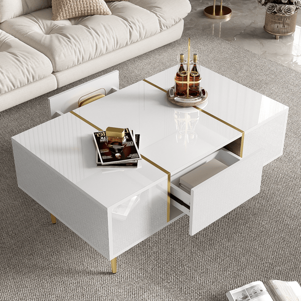 Marble Patterned Countertop Coffee Table with Gold Lines Rectangular Side Table, 2 Drawers, Modern Living Room Coffee Table