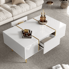 Marble Patterned Countertop Coffee Table with Gold Lines Rectangular Side Table, 2 Drawers, Modern Living Room Coffee Table