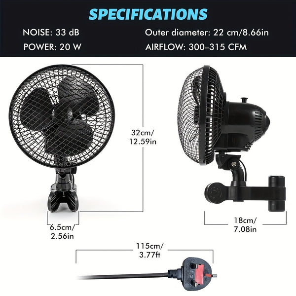 2pcs Greenhouse Fan Clamp-Type Fan Planting Tent Multi-Speed Automatic Swivel Fan, Plant Tent Clip-On Fan, Featuring a Newly Designed Long-Life EC Motor, Dual-Old Speed Adjustable Fan, 90° Rotation, 22Cm Diameter