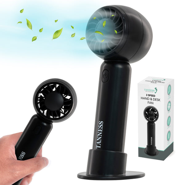 TANNESS 3 Speeds Handheld Fan - Rechargeable, Portable, Foldable With Detachable Base | USB Mini Hand Fan for Table, Desk - Quiet Standing Fan