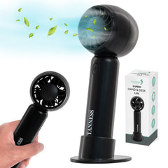 TANNESS 3 Speeds Handheld Fan - Rechargeable, Portable, Foldable With Detachable Base | USB Mini Hand Fan for Table, Desk - Quiet Standing Fan