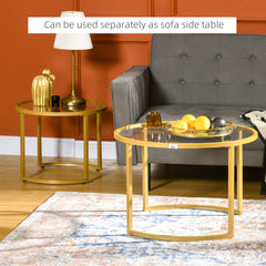 Glass Coffee Table Set of 2, Round Nest of Tables with Tempered Glass Tabletop and Steel Frame, Modern Side Tables for Living Room, Black
