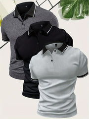 3pcs Set of Summer Collared Men'S Short Sleeve Polo Shirts Solid Color Plain Multicolor Golf Shirts Casual Athletic Wear Men'S Top