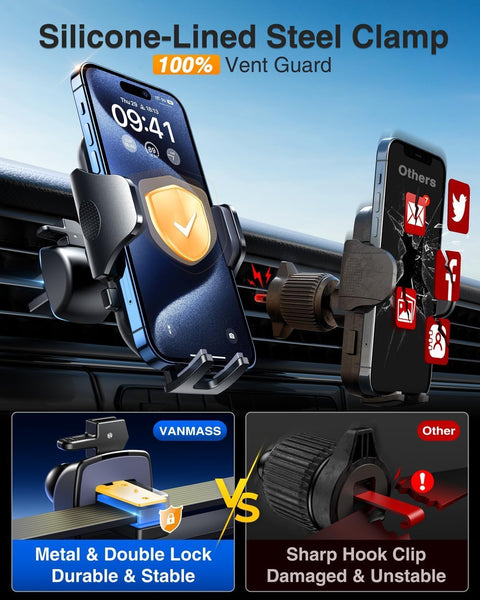 VANMASS 【New Upgrade BEST】 Car Phone Holder 【Ultimate Version True Military-Grade】 Mobile Cell Mount Windscreen Dashboard Vent Van Automobile Cradle for Iphone 16 15 14 13 Samsung All Smartphones