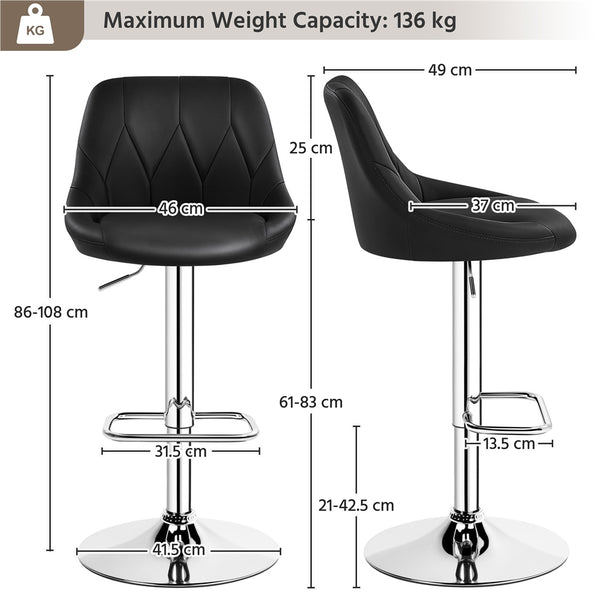 Costoffs Bar Stools Set of 2 Faux Leather Swivel Barstools, Height Adjustable, Modern Bar Chairs with Ergonomic Backrest, Cushioned Seat, Chrome Footrest for Home Kitchen Island Bar Counter, Dark Grey/Black/Retro Brown/White/Light Grey