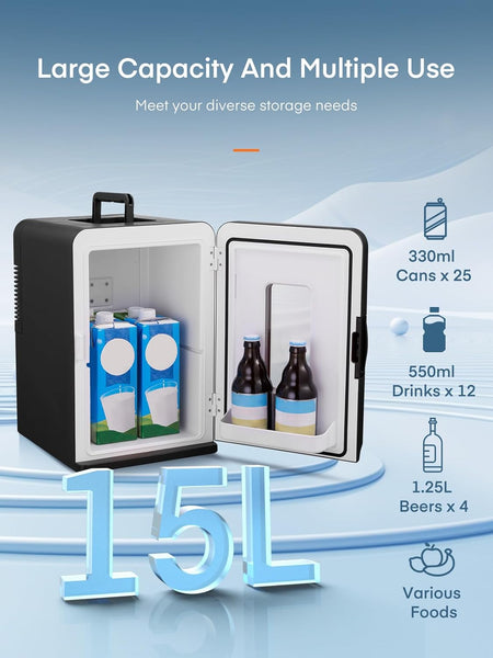 Mini Fridge for Bedrooms, 15 Liter /21 Cans Portable Small Fridge, AC+DC Power Car, Office, Thermoelectric Cooler & Warmer Skincare for Food, Drinks, Cosmetics, Max & ECO Mode, Black
