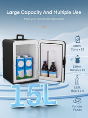 Mini Fridge for Bedrooms, 15 Liter /21 Cans Portable Small Fridge, AC+DC Power Car, Office, Thermoelectric Cooler & Warmer Skincare for Food, Drinks, Cosmetics, Max & ECO Mode, Black