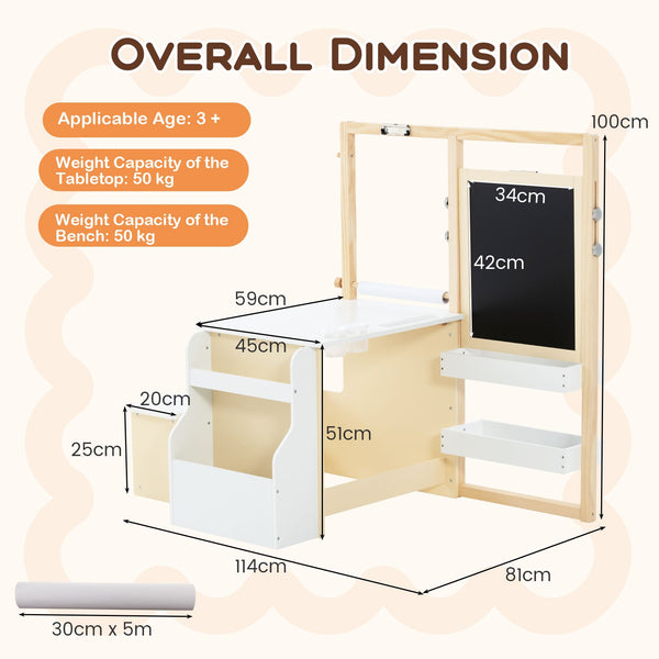 Kids Art Easel Table and Bench Set with Adjustable Easel and Bookshelf