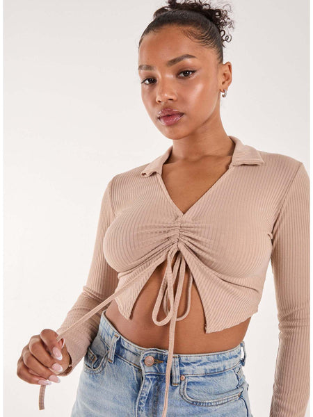 Long Sleeve Gathered Rib Top
