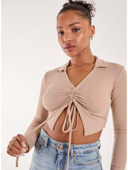 Long Sleeve Gathered Rib Top