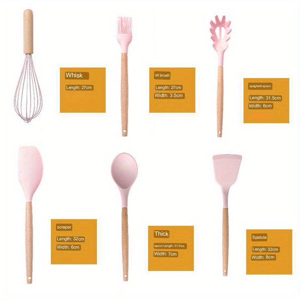 12pcs Silicone Kitchen Utensil Sets, Wooden Handle Cooking Utensils Set with Storage Bucket, Heat Resistant Non Stick Kitchen Utensils Set, Pink Kitchen Accessories Set