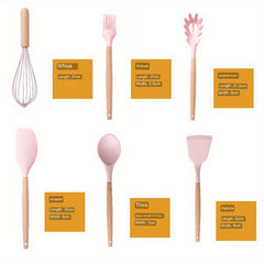 12pcs Silicone Kitchen Utensil Sets, Wooden Handle Cooking Utensils Set with Storage Bucket, Heat Resistant Non Stick Kitchen Utensils Set, Pink Kitchen Accessories Set