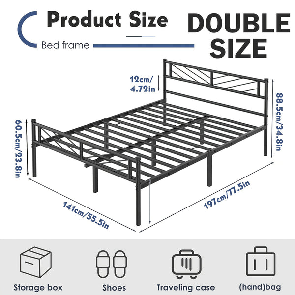 Chic Arrow-Patterned Metal Bed Frame with Under-Bed Storage - Easy Assembly, No Box Spring Needed - Black | Sizes: 91.44cm Single, 4ft6 Double, 152.4cm King, Slatted Bed Platform, Headboard, Oyajia