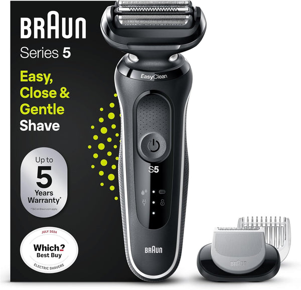 Braun Series 5 Electric Shaver, Wet & Dry Foil Razor for Men with Body Groomer Attachment, Cordless, up to 50 Min, 100 Percent Waterproof, 52-B1600S, Blue