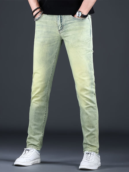 Men'S Jeans, Elastic, Easy, Denim Trousers, Slimming, Slim Fit, Green Men'S Clothing, Multi-Process Men'S Pants, Suitable for All Seasons
