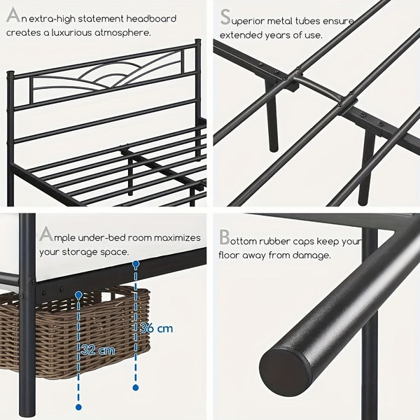 Sleek Black Metal Bed Frame Featuring a Stylish Headboard | Durable Steel Build | Silent Operation | Accommodates Various Mattress Sizes | Perfect for Bedrooms, Dormitories, Or Rental Spaces