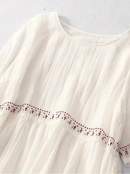 Women'S Long Dress, Elegant Short Sleeve Crew Neck Embroidered Loose Summer Casual Dress