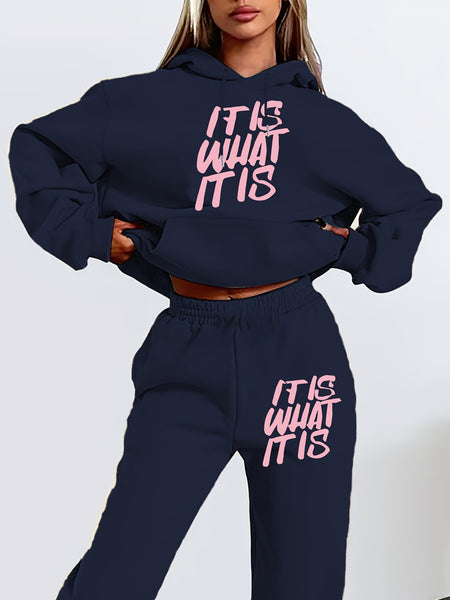 Women'S Letter Print Simple Hoodie & Sweatshirt Set - Autumn Long Sleeve Hooded for UK Ladies, Casual Everyday Outfit, Casual |Square Neckline|Drawstring Detail, Sweater Hoodie