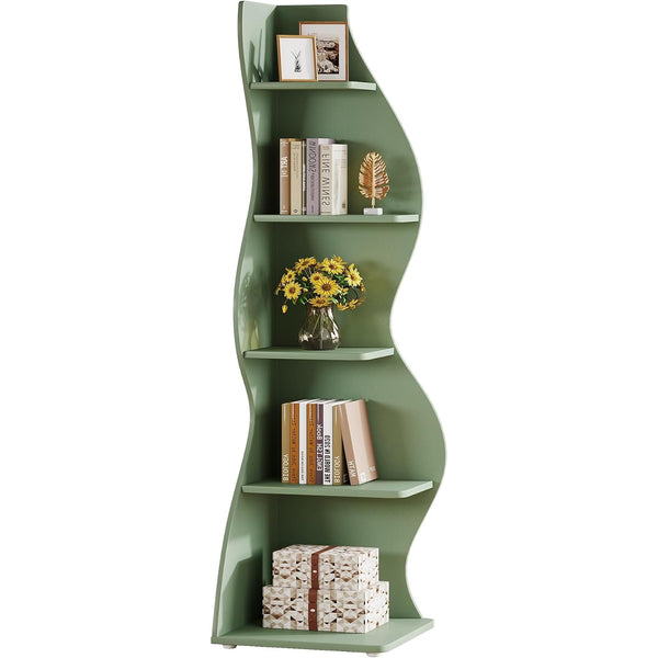 Wavy Office BookShelf, Modern 5-Tier Bookshelf Bookcase with Curvy Shape, Unique Plant Stand Display Rack for Living Room Small Space (Green)