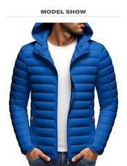 Men's Stand Collar Hooded Jacket - Warm, Windproof Thickened Coat, Detachable Hood, Solid Color Design, Thickened Nylon Fabric for Cold Weather, Casual Style, Zip Closure, Dry Clean Only, Winter Stand Collar Hooded Thickened Coat
