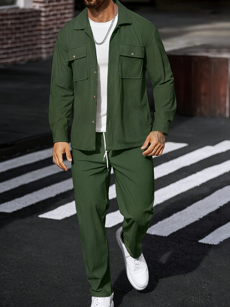Men's 2pcs Casual Suit, 2-Pocket Shirt and Pants Set for Spring/Autumn, Suitable for Work and Leisure Sports