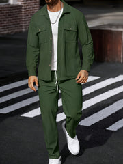 Men's 2pcs Casual Suit, 2-Pocket Shirt and Pants Set for Spring/Autumn, Suitable for Work and Leisure Sports