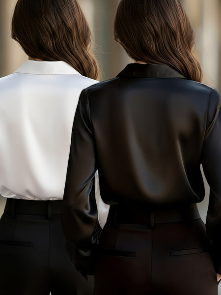 Ladies' 2pcs Top Set: High-end Solid Color Long-sleeve Shirt with Lapel, Simple and Fashionable Design, Light Luxury Commuting Top That Exudes Elegance and Professionalism. Suitable for Various Occasions Such as the Workplace, Dates, and Daily Wear