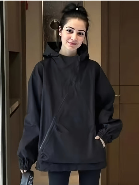 Black Casual Outdoor Hoodie with a Retro Slant Zipper for Women - Lightweight And Loose Fit, Perfect for Spring And Autumn, Machine Washable, Versatile Casual Jacket And Sweatshirt