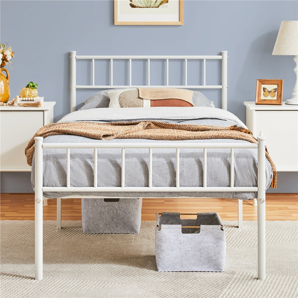 Costoffs Metal Bed Frame, Single/Double Size Bed Platform with Slatted Headboard and Footboard, Solid Slat Support, Large Storage Space, Easy Assembly Bed, Modern Mattress Foundation, Black/White/Pink/Silver