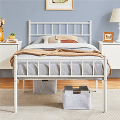 Costoffs Metal Bed Frame, Single/Double Size Bed Platform with Slatted Headboard and Footboard, Solid Slat Support, Large Storage Space, Easy Assembly Bed, Modern Mattress Foundation, Black/White/Pink/Silver