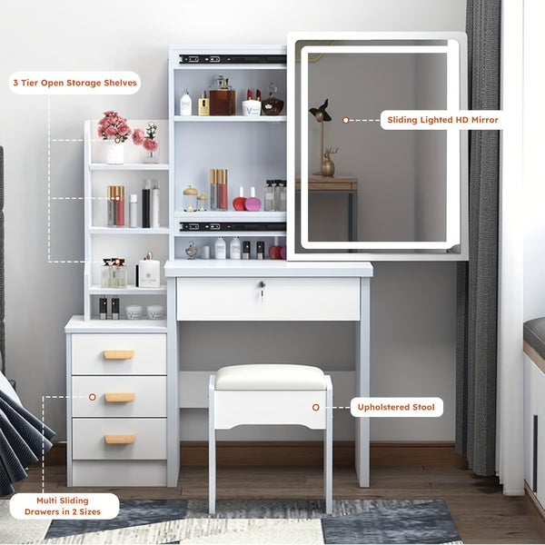 Dressing Table with LED Lights And Adjustable Brightness, Vanity Desk with Mirror, 4 Drawers, 6 Hidden Shelves, And Stool, Makeup Desk for Bedroom, Modern Makeup Table with Mirror And Chair (White)