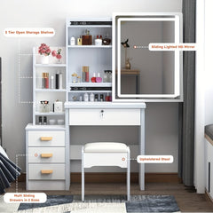 Dressing Table with LED Lights And Adjustable Brightness, Vanity Desk with Mirror, 4 Drawers, 6 Hidden Shelves, And Stool, Makeup Desk for Bedroom, Modern Makeup Table with Mirror And Chair (White)