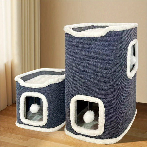 Large Cat Bed Cat House Cave & Tower Foldable Indoor 1/2/3 Layer with Hanging Toy Ball for Small Medium Pets, Large Cats Cube Bed Cave with Hideaway Condos