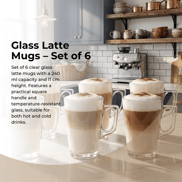 Set of 6, 12-Piece Clear Latte Glass Set 240ml – Temperature-Resistant Coffee, Tea & Dessert Mugs with Handle