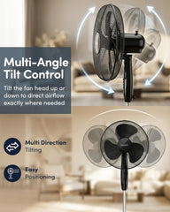 Keplin 16 Inch Stand Fan Adjustable Pedestal Cooling Fan with 3 Speed Settings Tilt Head Quiet AC Motor Energy Efficient 45W Stable Base for Home Bedroom Office Air Circulation Cooling Solution, Black