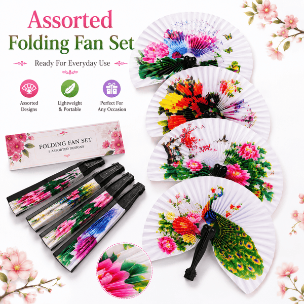 12 Folding Fans - Compact Foldable Fans Assorted Designs with Floral and Bird Patterns, Ideal as Gifts and Decorations, Paper Fans