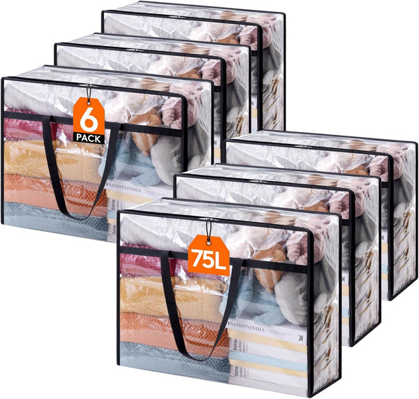 Lifewit 4 Pack Clear Plastic Storage Bags, 40L Foldable Clothes Storage Boxes Wardrobe Organizer Moving Bags with Reinforced Handle for Loft Wardrobe for Bedding Clothes Blanket Duvet