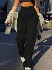 Flap Pocket Solid Color Cargo Pants, Y2K Slant Pocket Button Front Every Day Pants, Women's Clothing