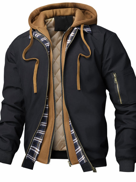Men's Solid Color Hooded Air Force One Jacket - Loose Fit Zippered Coat with Full-Length Zipper Front, Full-Liner for Spring/Autumn/Winter, Casual Outerwear (No Belt Required)