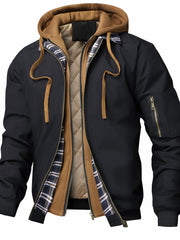 Men's Solid Color Hooded Air Force One Jacket - Loose Fit Zippered Coat with Full-Length Zipper Front, Full-Liner for Spring/Autumn/Winter, Casual Outerwear (No Belt Required)