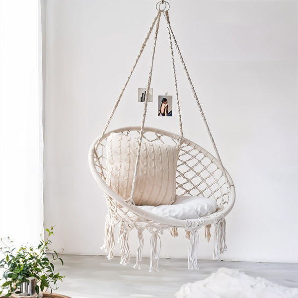 Courtyard Woven Hanging Basket, Hanging Cotton Rope Iron Ring Hanging Chair, Balcony Rocking Chair, Suitable for Indoor, Outdoor, Home, Balcony, Courtyard, Garden, Maximum Load Capacity: 200kg, Material: Iron Ring, Cotton Rope (No Include Cushion)